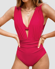 Deep Plunge Ruched Swimsuit with Halter Bra Two-Piece Set