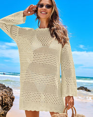 Long Sleeve Crochet Swim Cover Up Beach Dress