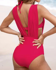 Deep Plunge Ruched Swimsuit with Halter Bra Two-Piece Set