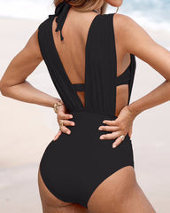 Deep Plunge Ruched Swimsuit with Halter Bra Two-Piece Set