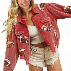 Women's Game Day Corduroy Sequin Football Cropped Jacket Rugby Oversized Lapel Button Down Shirt Shacket Coat