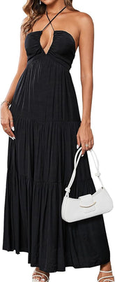 Maxi Beach Dress Boho Halter V Neck Backless Bow Dresses Flowy Trendy Ruffle Sundress for Women 2025
