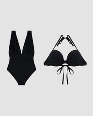 Deep Plunge Ruched Swimsuit with Halter Bra Two-Piece Set