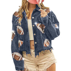 Women's Game Day Corduroy Sequin Football Cropped Jacket Rugby Oversized Lapel Button Down Shirt Shacket Coat