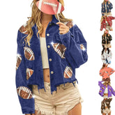 Women's Game Day Corduroy Sequin Football Cropped Jacket Rugby Oversized Lapel Button Down Shirt Shacket Coat