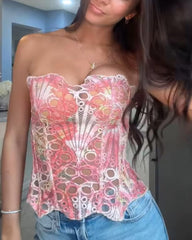 Lace Up Contrast Lace Corset Top Tummy Control Shapewear