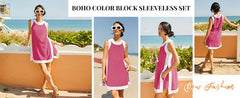 Two Piece Sets Color Block Crewneck Sleeveless Pullover Tops Matching Shorts With Pockets