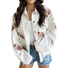 Women's Game Day Corduroy Sequin Football Cropped Jacket Rugby Oversized Lapel Button Down Shirt Shacket Coat