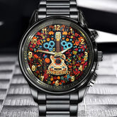 Personalized Day of the Dead Watch with Colorful Skull and Guitar Design