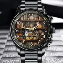 Personalized Vintage Cat and Bookshelf Watch - Add Your Name for a Unique and Cozy Touch