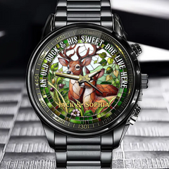 Personalized Deer Couple Stained Glass Print Style Watch – Deer Hunting Couple Live Here
