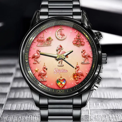 Personalized Flamingo Christmas Watch – Custom Name Gift for Her