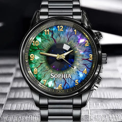 Personalized Cosmic Eye Watch - Intricate Galaxy Eye Dial and Custom Name Personalization