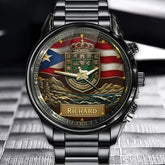Personalized Puerto Rican-Themed Watch - Customizable Engravings, Adorned With Heraldic And Flag Designs.