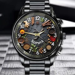 Personalized Cooking Enthusiast Watch - Spice Collection Design And Custom Name Personalization
