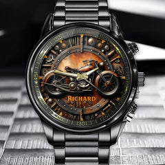 Personalized Steampunk Motorcycle Watch - Engraved With Your Name, Featuring A Unique Retro Industrial Style.
