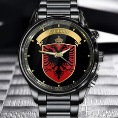 Personalized Albanian National Emblem Watch - Double-Headed Eagle, Crown & Gold Banner Detailed Design with Custom Name