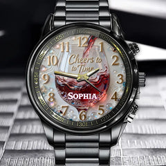 Personalized Wine Glass "Cheers to Time" Watch - Custom Name for Red Wine