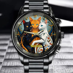 Personalized And Glamorous Three-Cat Watch - Exquisite Cat Pattern With Customizable Name