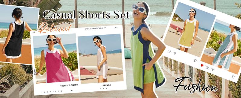Two Piece Sets Color Block Crewneck Sleeveless Pullover Tops Matching Shorts With Pockets