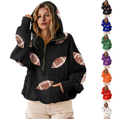 Game Day Sweatshirts Football Sequin Hoodies Tailgate Outfits Long Sleeve Zipper Sweaters with Pocket
