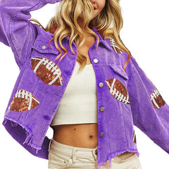 Women's Game Day Corduroy Sequin Football Cropped Jacket Rugby Oversized Lapel Button Down Shirt Shacket Coat