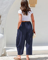 Womens Linen Wide Leg Pants Casual Loose Beach Palazzo Harem Pants with Pockets