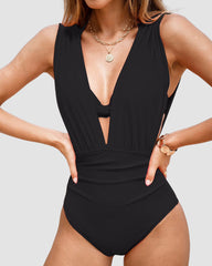 Deep Plunge Ruched Swimsuit with Halter Bra Two-Piece Set