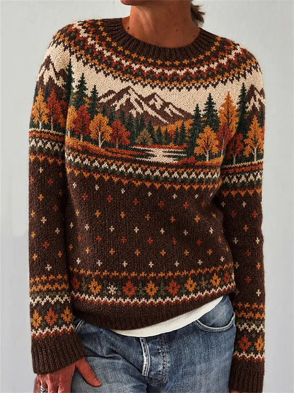 Women's Autumn Landscape Pattern Design Leisure Long Sleeve Sweater