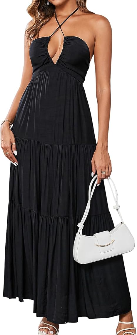 Maxi Beach Dress Boho Halter V Neck Backless Bow Dresses Flowy Trendy Ruffle Sundress for Women 2025