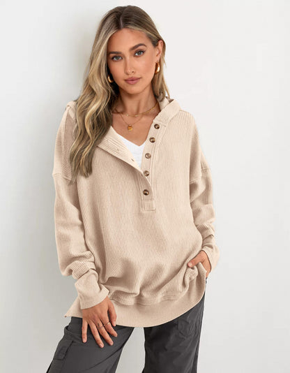 Women’s Oversized V-Neck Hoodie – Relaxed Button Pullover with Side Slits