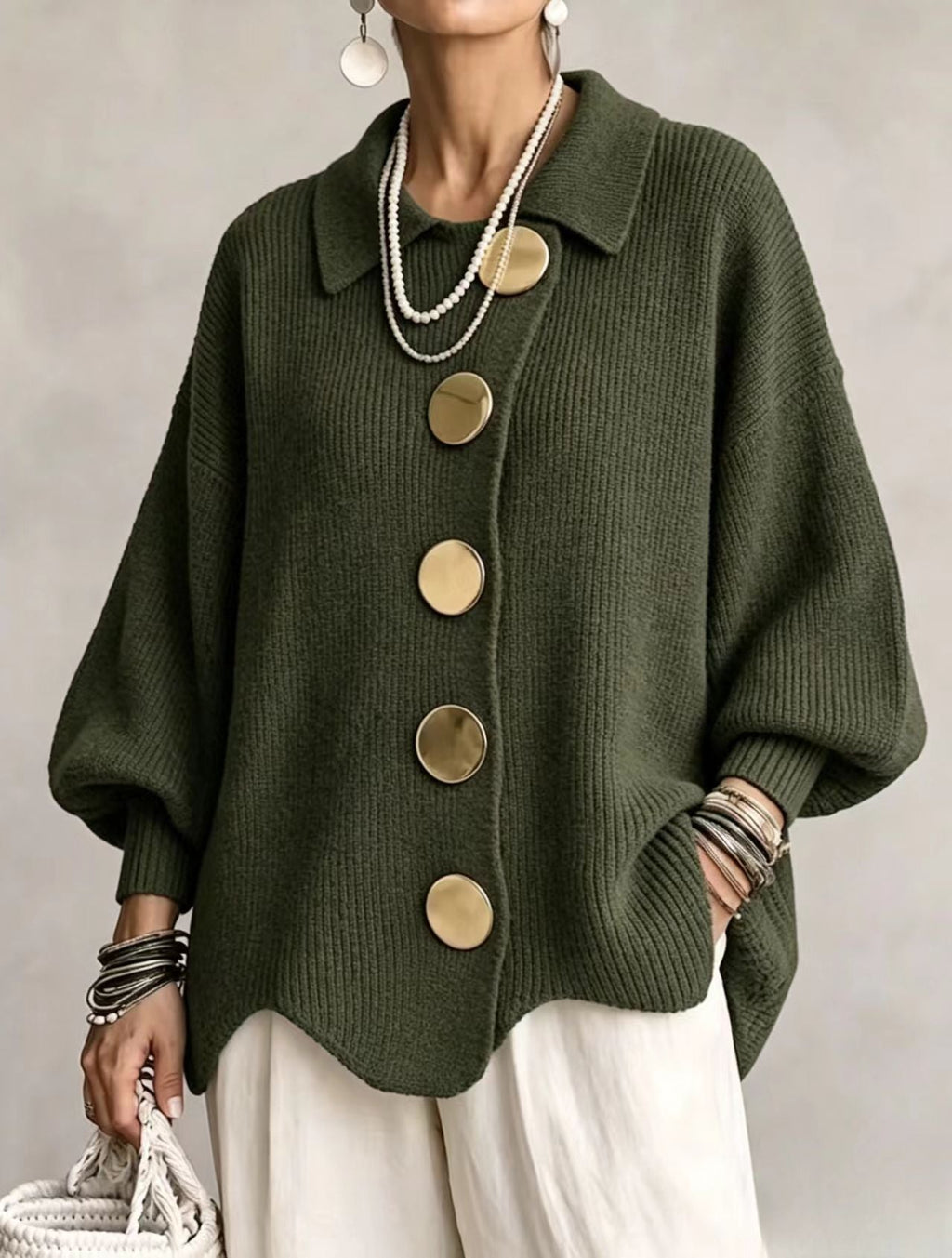 Oversized Collared Knit Cardigan With Large Metal Buttons