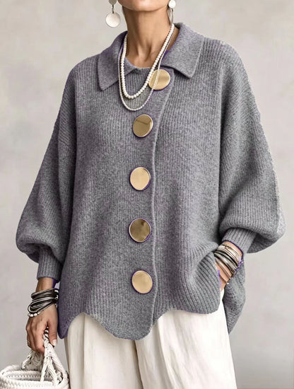 Oversized Collared Knit Cardigan With Large Metal Buttons