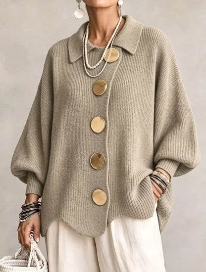 Oversized Collared Knit Cardigan With Large Metal Buttons