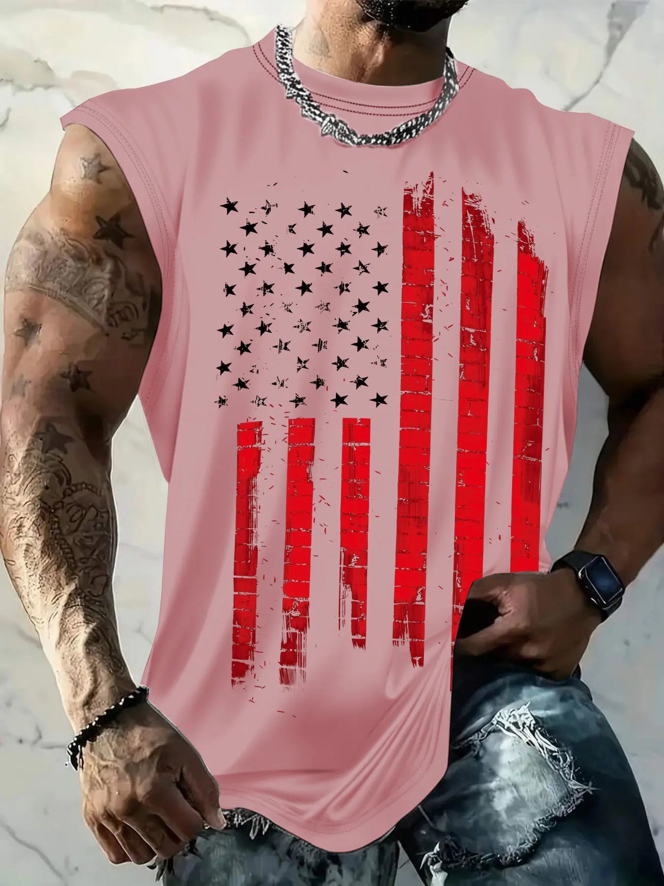 Men's American Flag Print Tank Top, Regular-Fit Casual Sleeveless Top for Daily Outdoor Wear, Men's Clothes for Summer