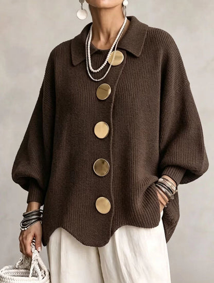 Oversized Collared Knit Cardigan With Large Metal Buttons