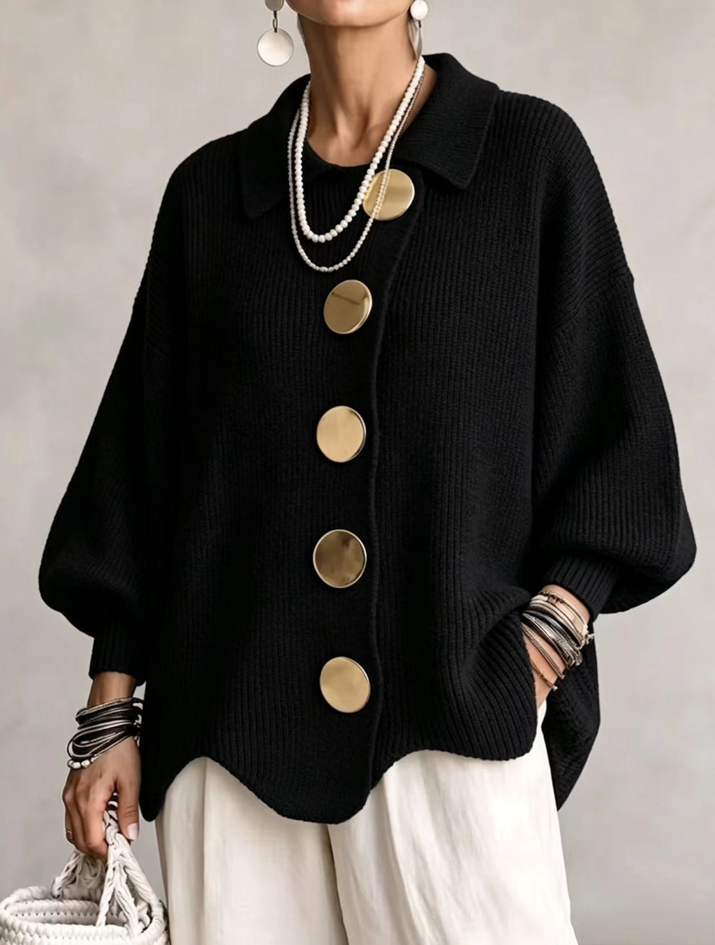 Oversized Collared Knit Cardigan With Large Metal Buttons