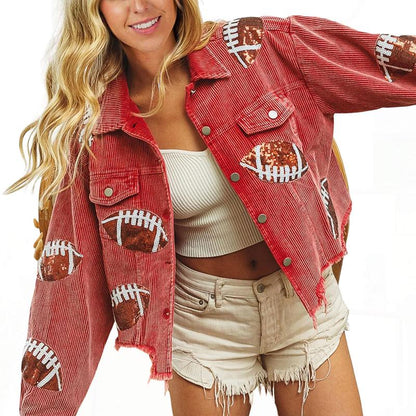 Women's Game Day Corduroy Sequin Football Cropped Jacket Rugby Oversized Lapel Button Down Shirt Shacket Coat