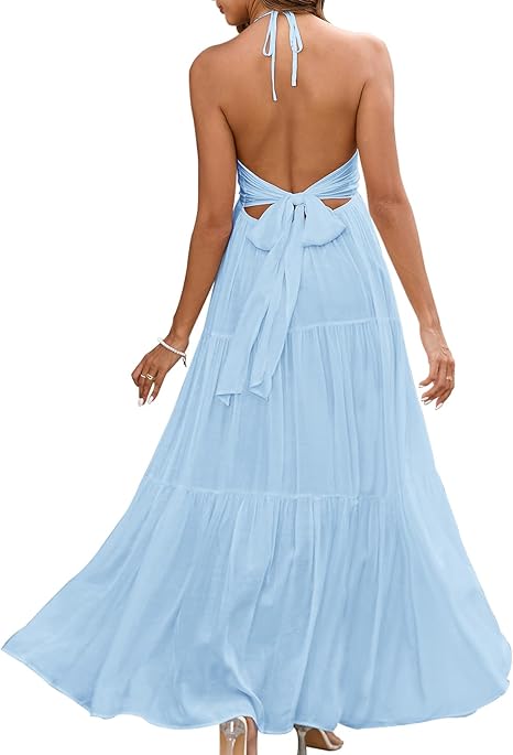 Maxi Beach Dress Boho Halter V Neck Backless Bow Dresses Flowy Trendy Ruffle Sundress for Women 2025