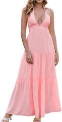 Maxi Beach Dress Boho Halter V Neck Backless Bow Dresses Flowy Trendy Ruffle Sundress for Women 2025