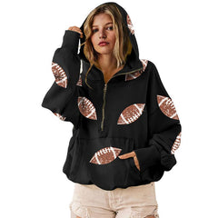 Game Day Sweatshirts Football Sequin Hoodies Tailgate Outfits Long Sleeve Zipper Sweaters with Pocket