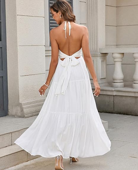 Maxi Beach Dress Boho Halter V Neck Backless Bow Dresses Flowy Trendy Ruffle Sundress for Women 2025