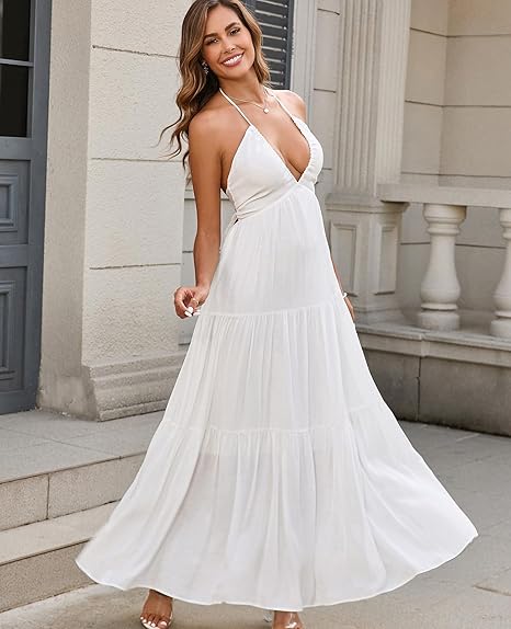 Maxi Beach Dress Boho Halter V Neck Backless Bow Dresses Flowy Trendy Ruffle Sundress for Women 2025