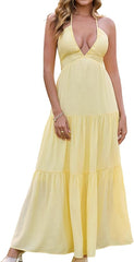 Maxi Beach Dress Boho Halter V Neck Backless Bow Dresses Flowy Trendy Ruffle Sundress for Women 2025
