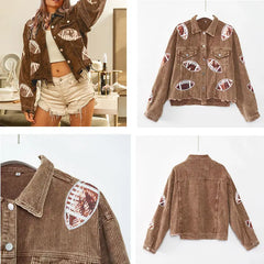 Women's Game Day Corduroy Sequin Football Cropped Jacket Rugby Oversized Lapel Button Down Shirt Shacket Coat