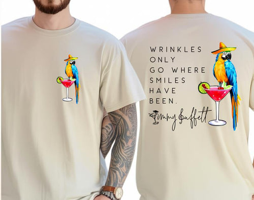 Wrinkles Only Go Where Smiles Have Been - Tropical Palm Tree Parrot Jimmy Buffett Memorial T-Shirt