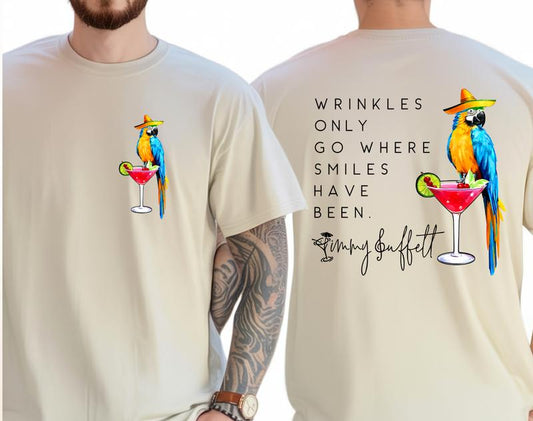 Wrinkles Only Go Where Smiles Have Been - Tropical Palm Tree Parrot Jimmy Buffett Memorial T-Shirt
