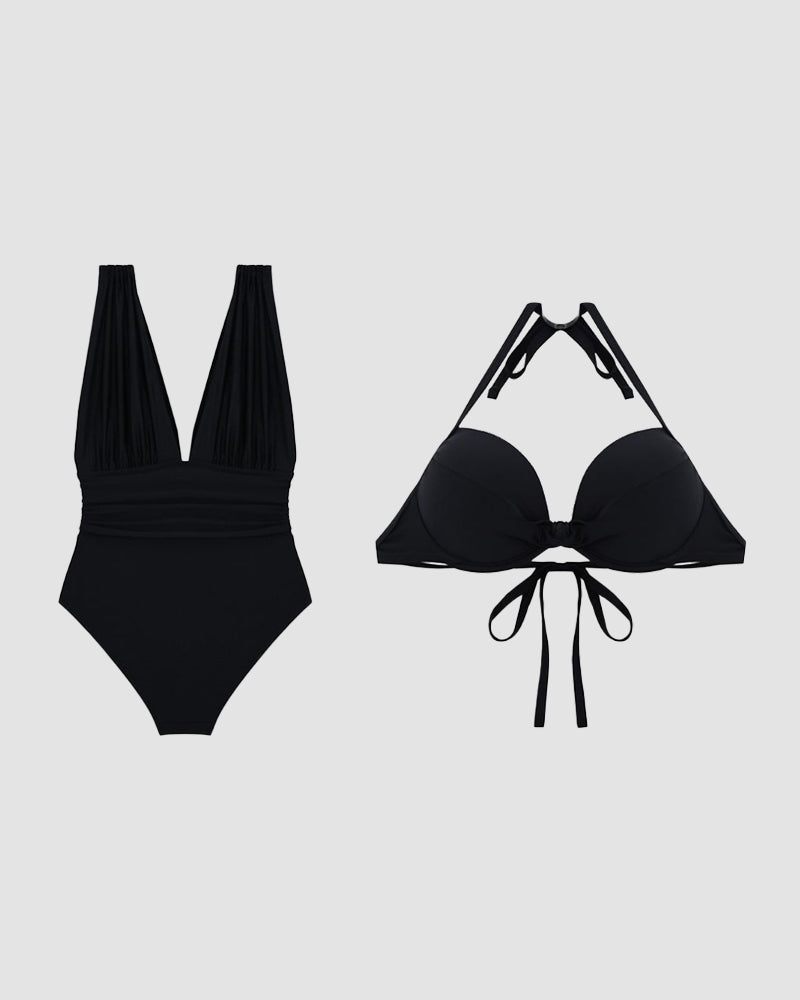 Deep Plunge Ruched Swimsuit with Halter Bra Two-Piece Set