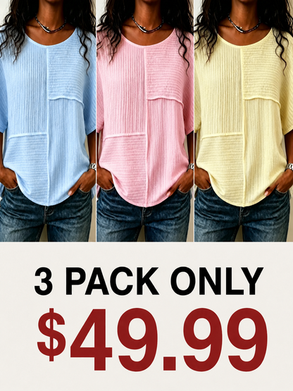 Women's Patchwork Textured Top | Round Neck Short Sleeve Casual Blouse for Summer & Everyday Wear