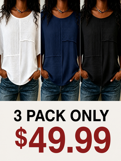 Women's Patchwork Textured Top | Round Neck Short Sleeve Casual Blouse for Summer & Everyday Wear